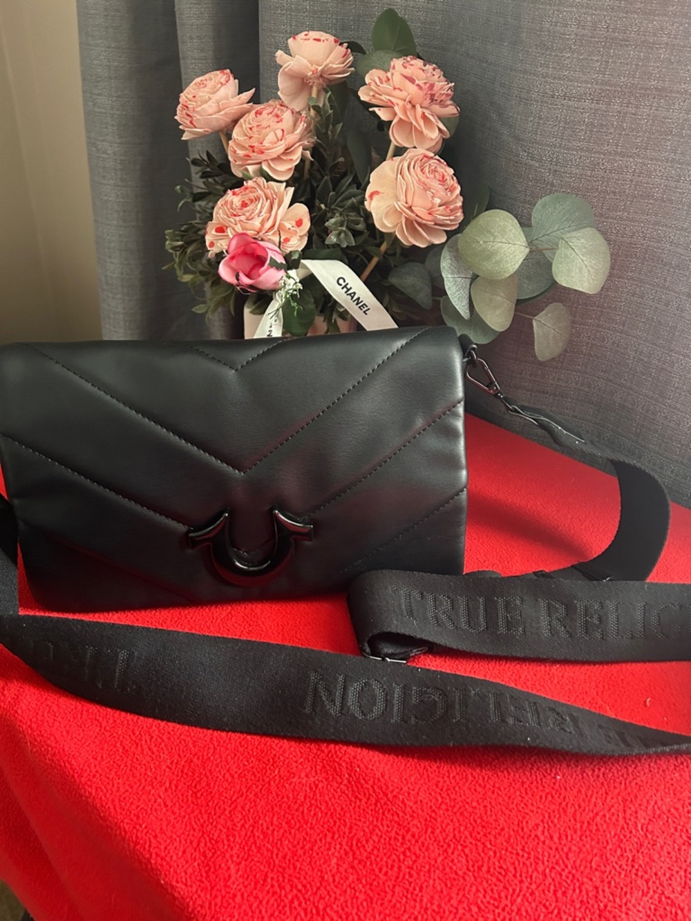 True Religion Black Quilted Crossbody Bag with Wide Strap